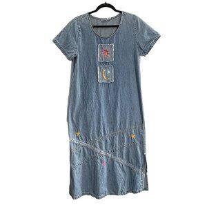 BLEU BAYOU Women Denim Midi Dress Sz M Blue Embroider Patches Short Sleeve 26-11